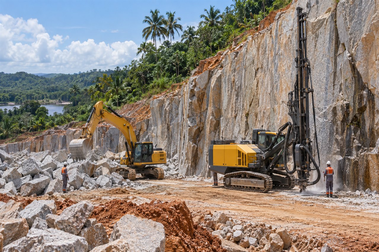 Extração técnica de rocha em pedreira tropical