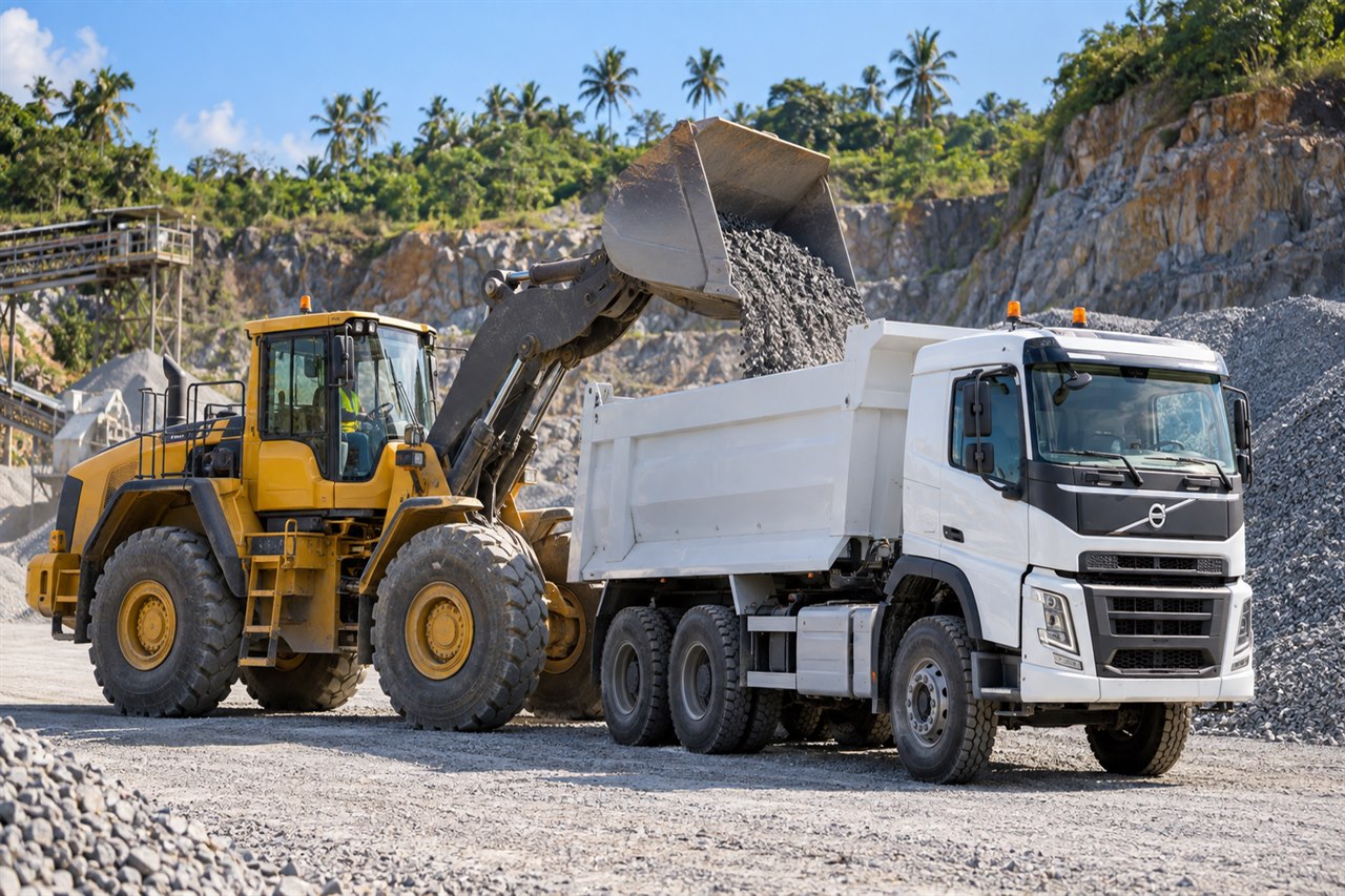 Carregadeira abastecendo caminhão caçamba Volvo branco